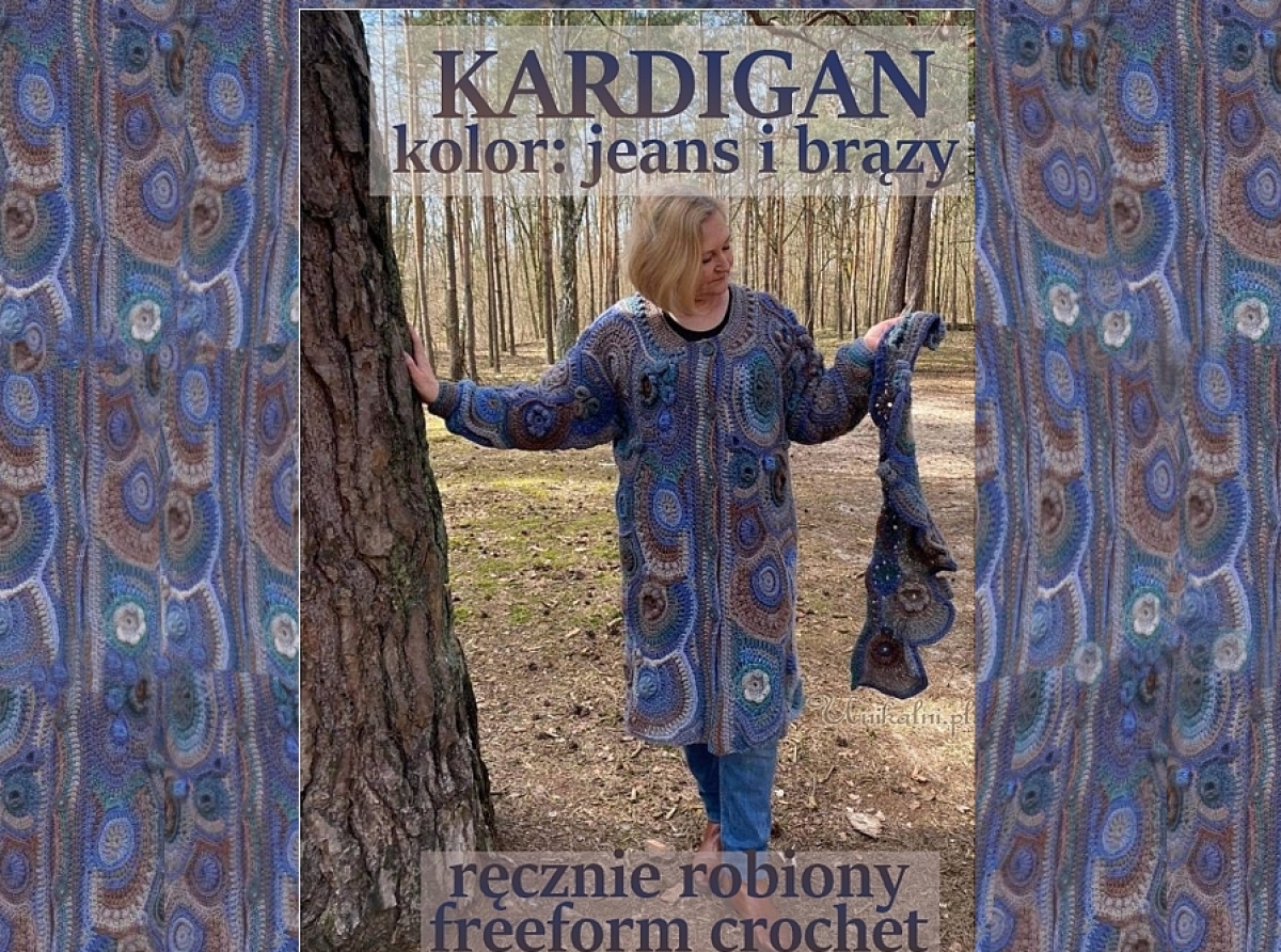 Modny kardigan- sweter ręcznie robiony. Kolory jeans i brązy