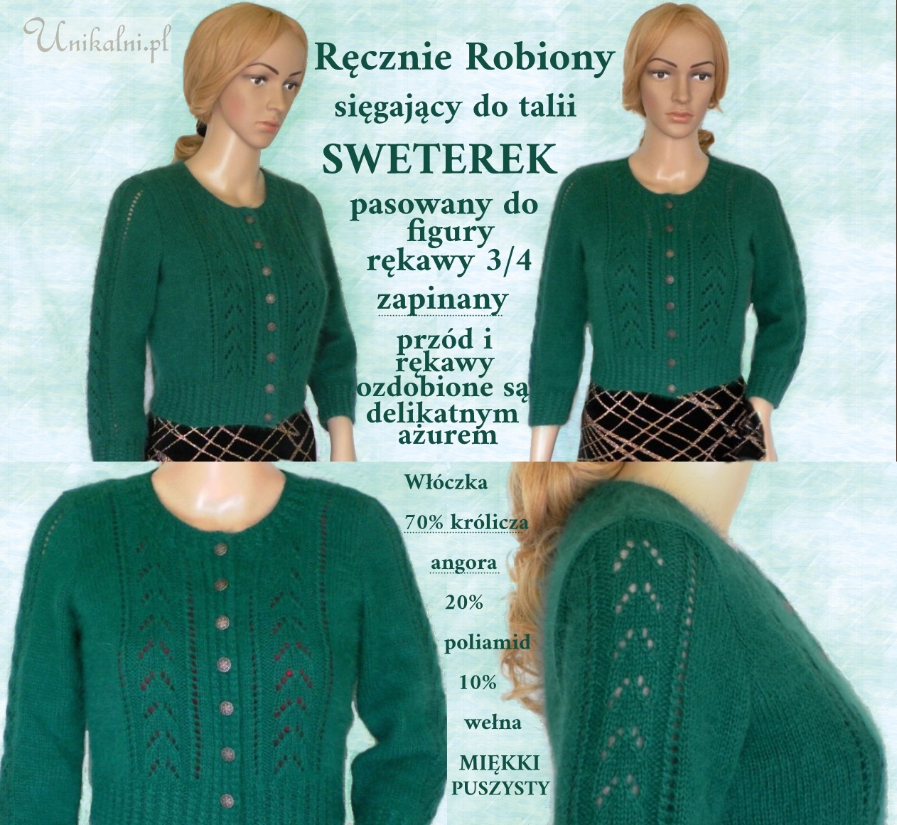 sweter zielony na drutach recznie robiony angora unikalni pl